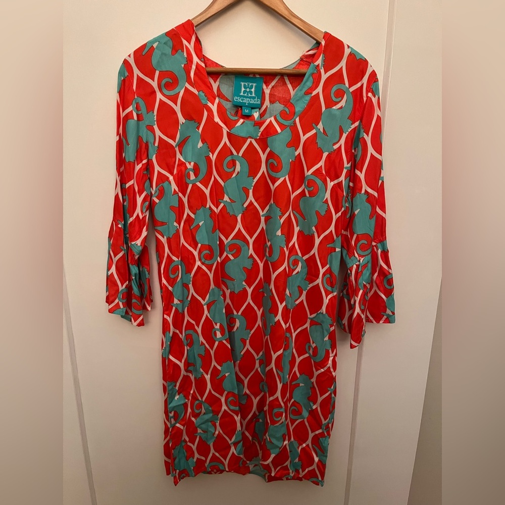 Escapada Burnt Orange and Teal summer  Dress or beach cover up. NWT